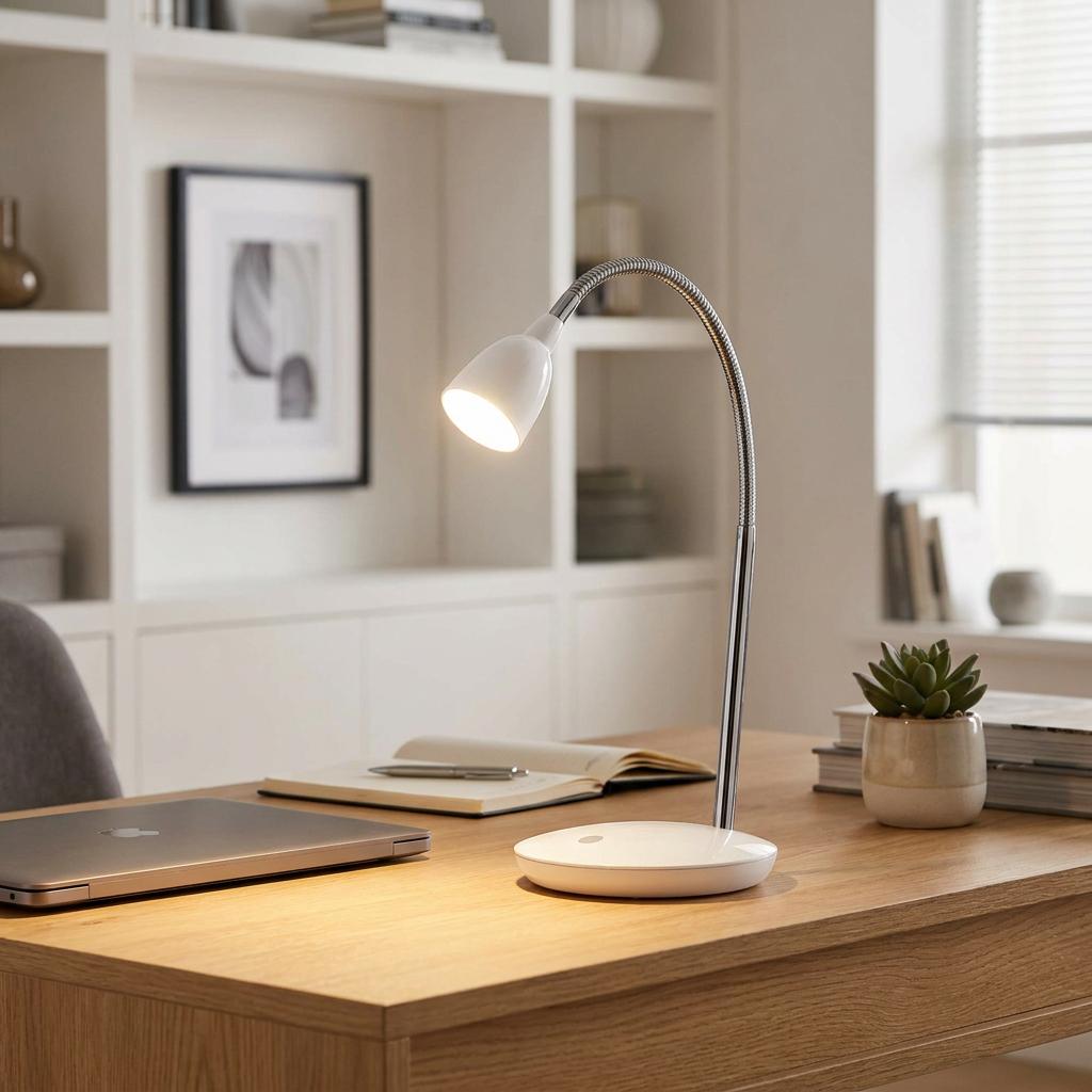 Modern white and chrome desk lamp illuminating a wooden desk in a bright home office setting.