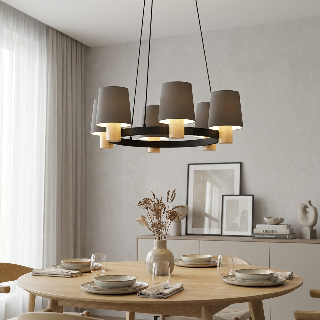 Five-light circular pendant with brown fabric shades and wood accents above a dining table in a neutral room.