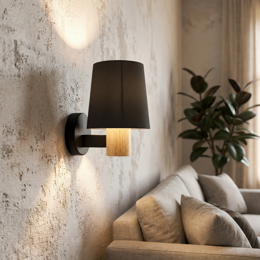 Eglo Edale wall light with a black fabric shade and wood accent mounted on a textured wall in a living room.