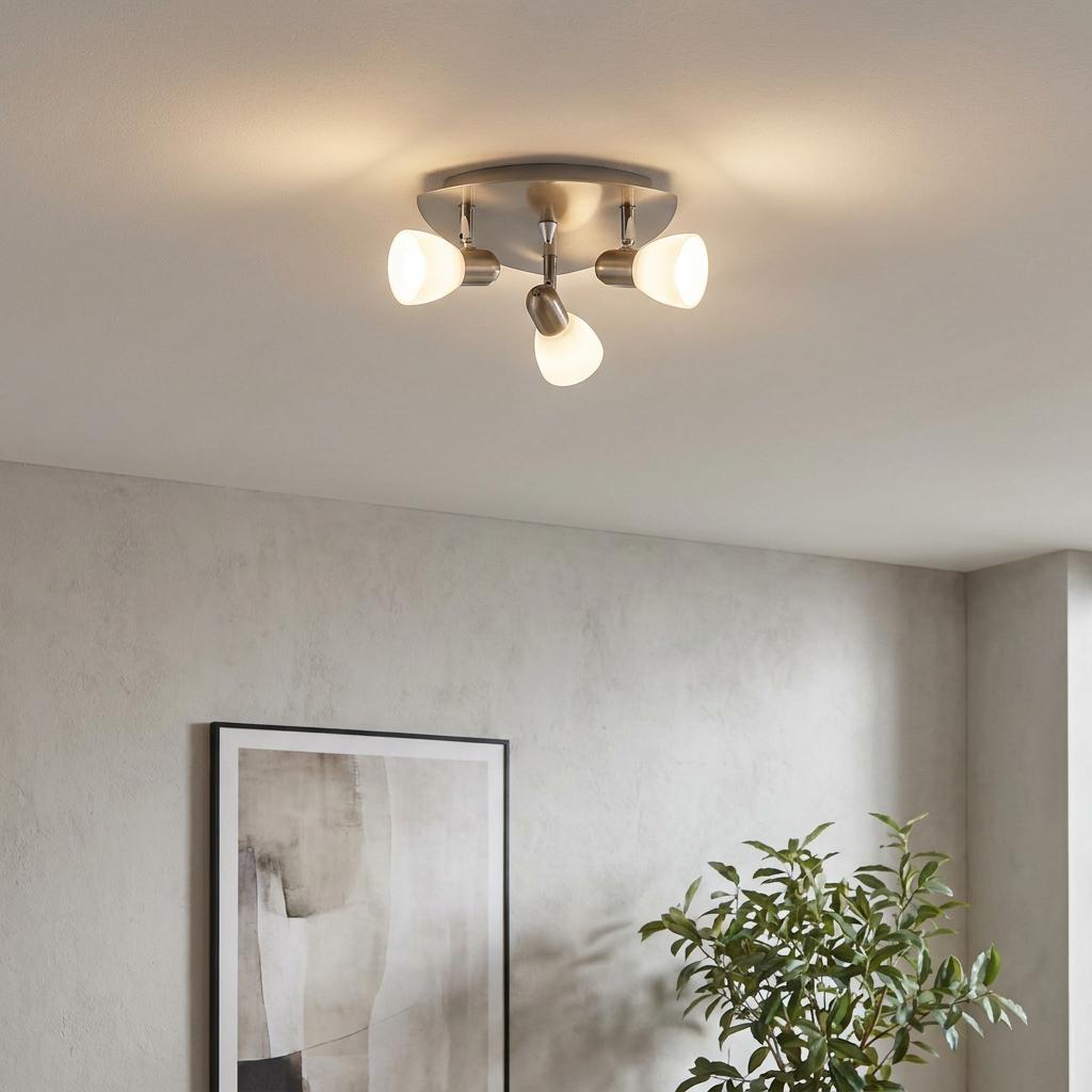 Eglo Enea brushed nickel 3-light ceiling plate spotlight with satin glass shades in a neutral interior.