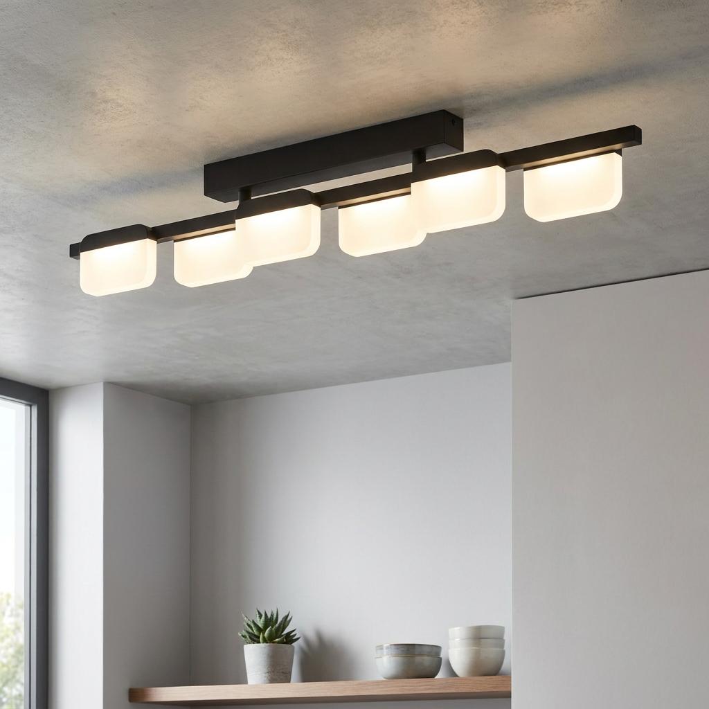 Modern black flush ceiling light with six rectangular white acrylic LED shades illuminating a contemporary room.