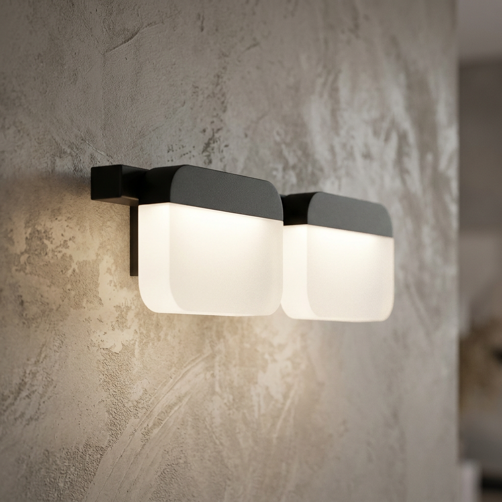 Modern black two-light LED wall sconce with frosted square diffusers glowing on a textured grey wall.