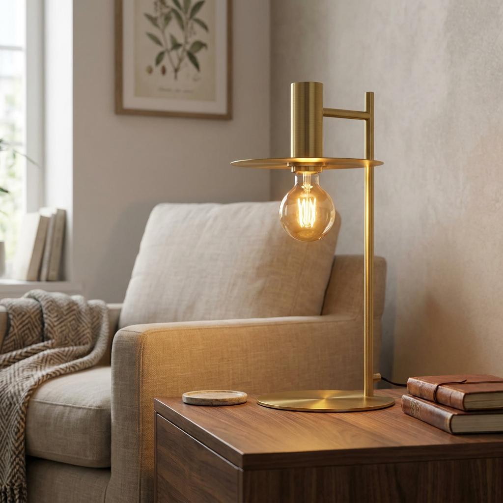 Eglo Escandell brass table lamp with an exposed bulb on a wooden side table in a cozy living room setting.