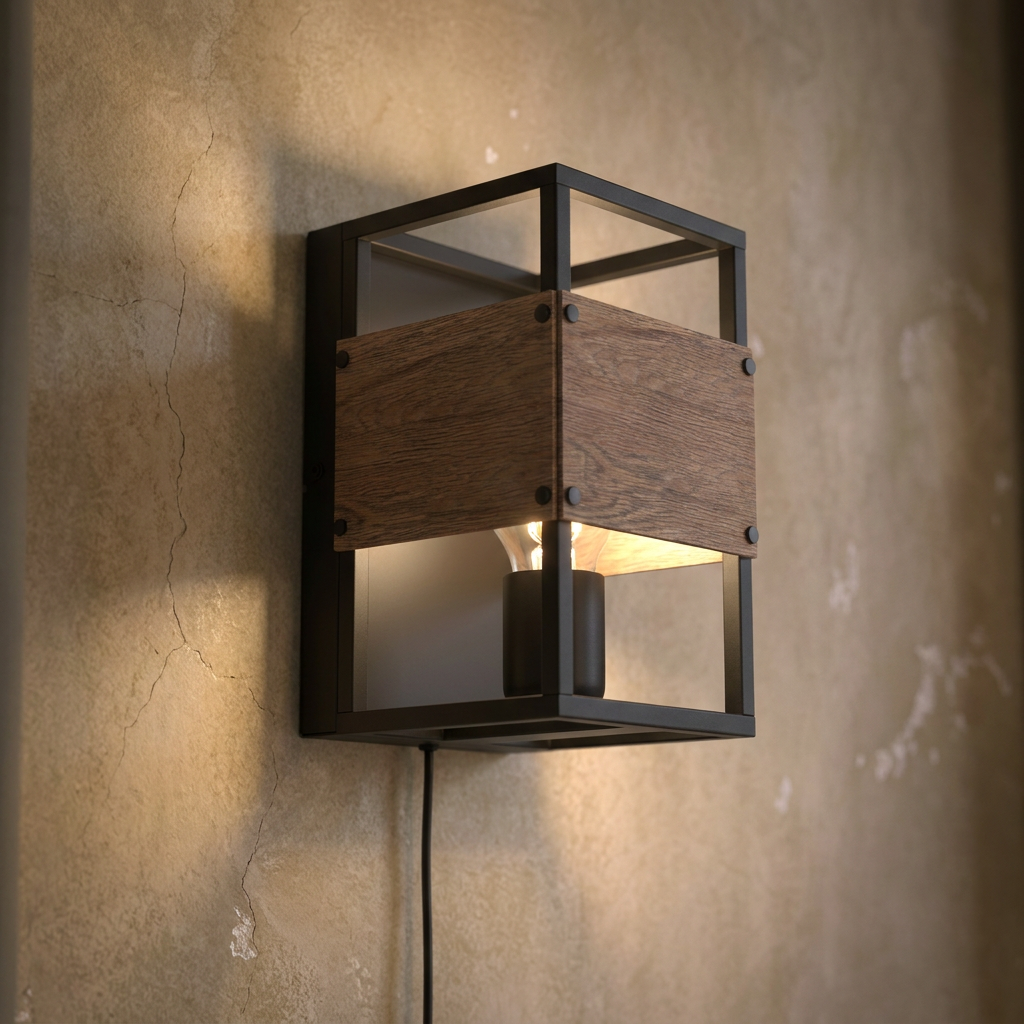 Modern Eglo Evesham wall light featuring a black metal cage and wood-effect panels on a textured rustic wall.