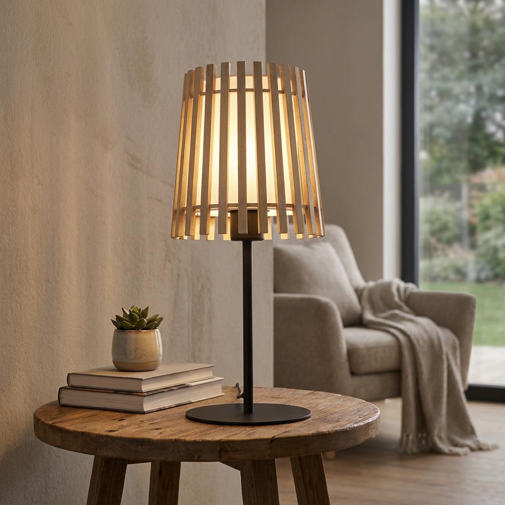 Eglo Fattoria table lamp with a slatted wooden shade on a rustic table in a cozy living room.