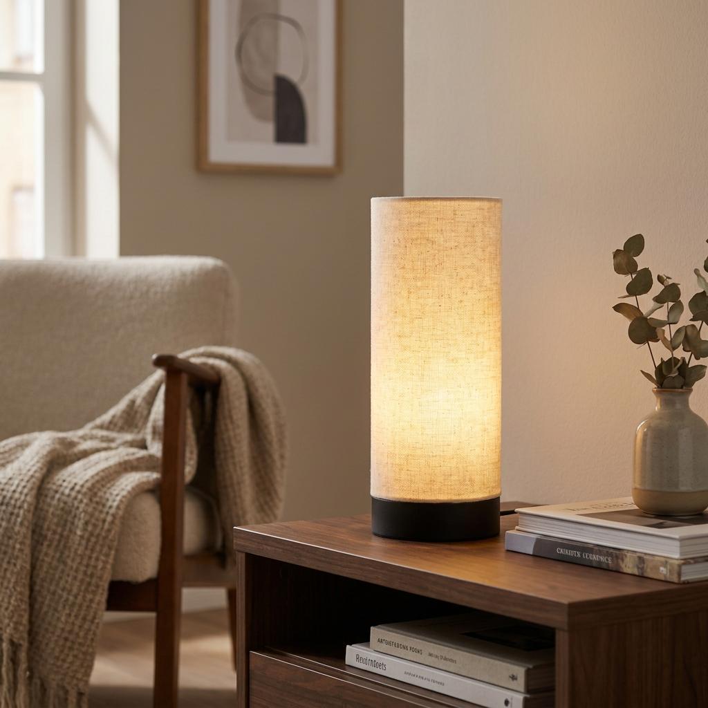 A tall cylinder lamp with a cream linen shade glows warmly on a wooden side table in a modern living space.