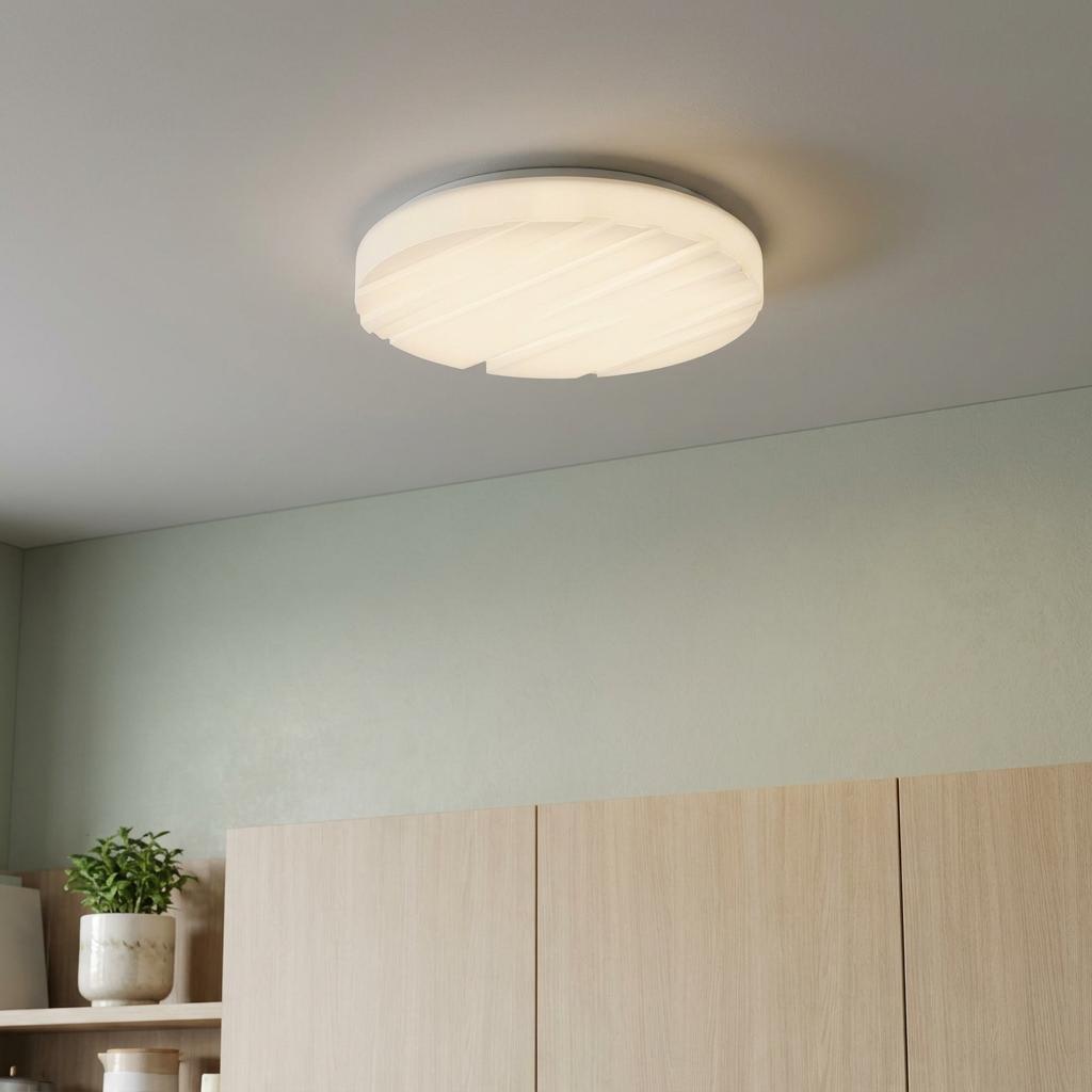 Eglo Ferentino LED round white ceiling flush light with textured diffuser, illuminated in a modern room.