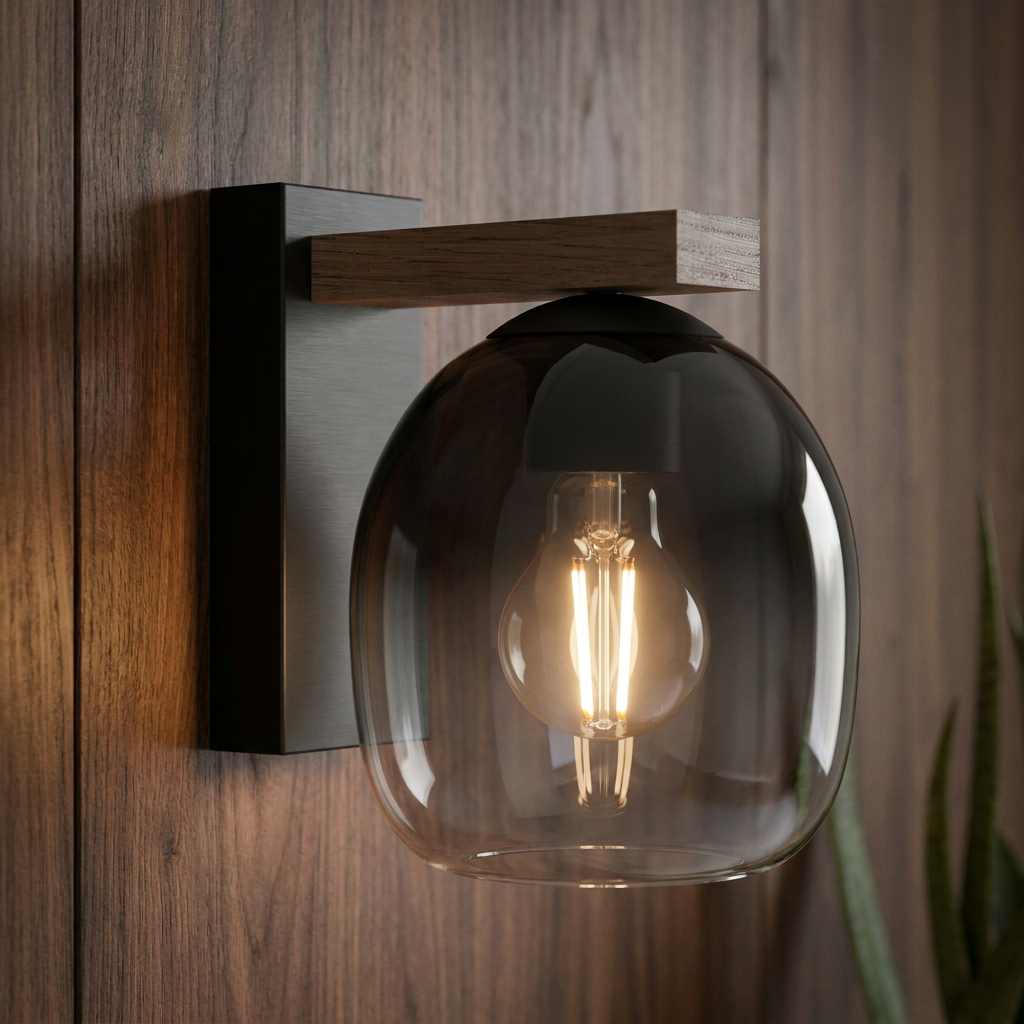 Industrial wall light with a wood arm and smoked glass shade mounted on a dark wood wall.