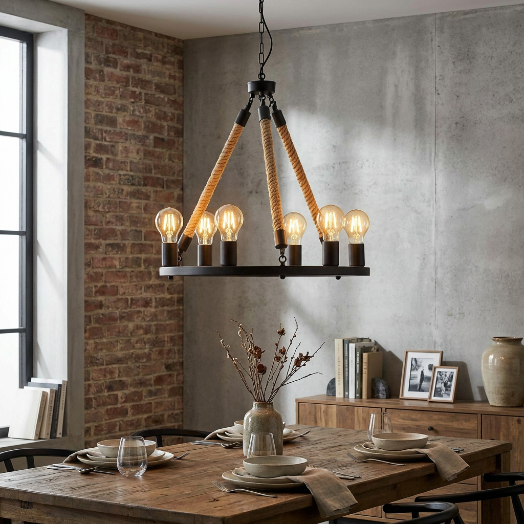Eglo Findlay 6-light black metal and rope pendant chandelier hanging over a rustic wooden dining table.
