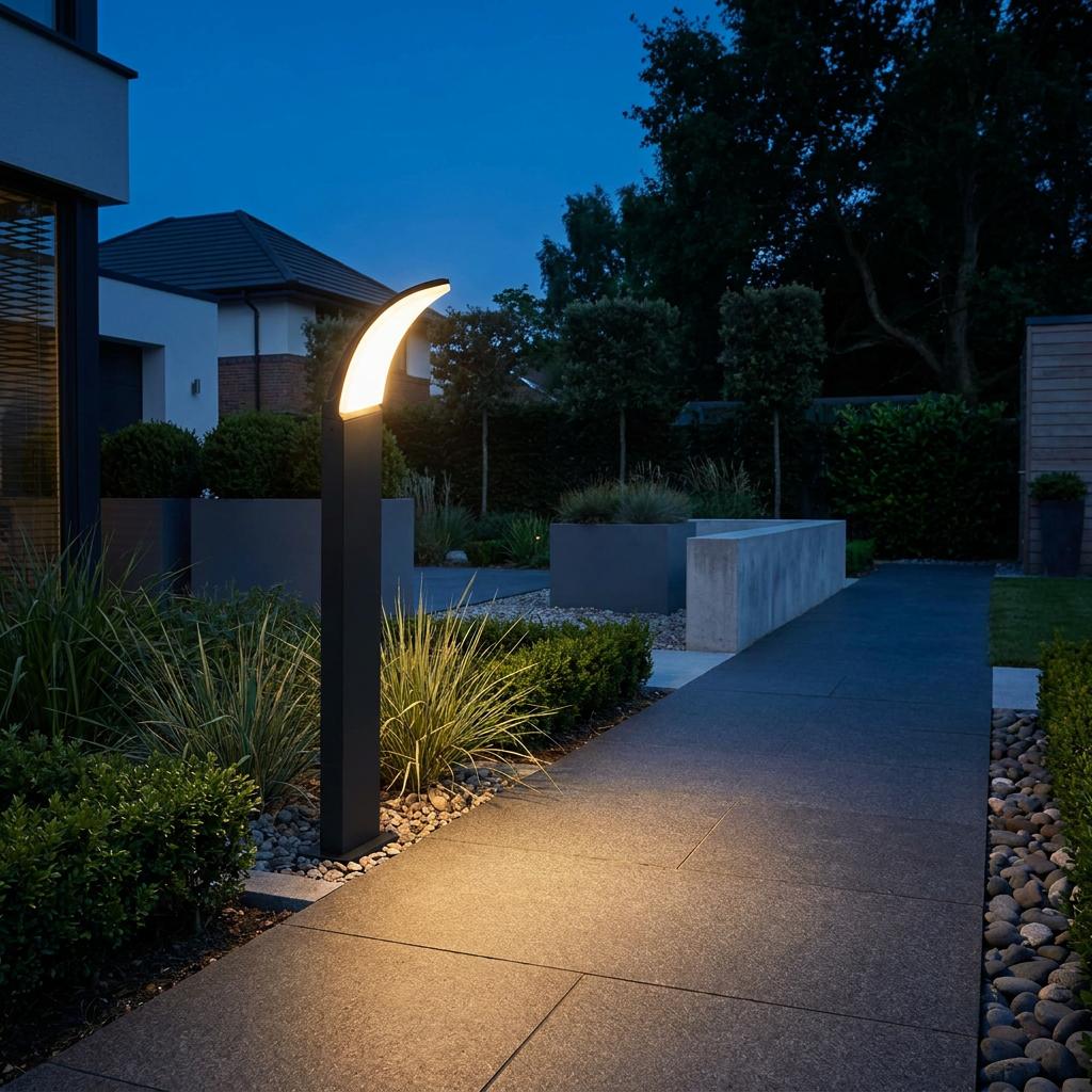 A sleek black Eglo Fiumicino bollard light illuminating a modern garden path at twilight.