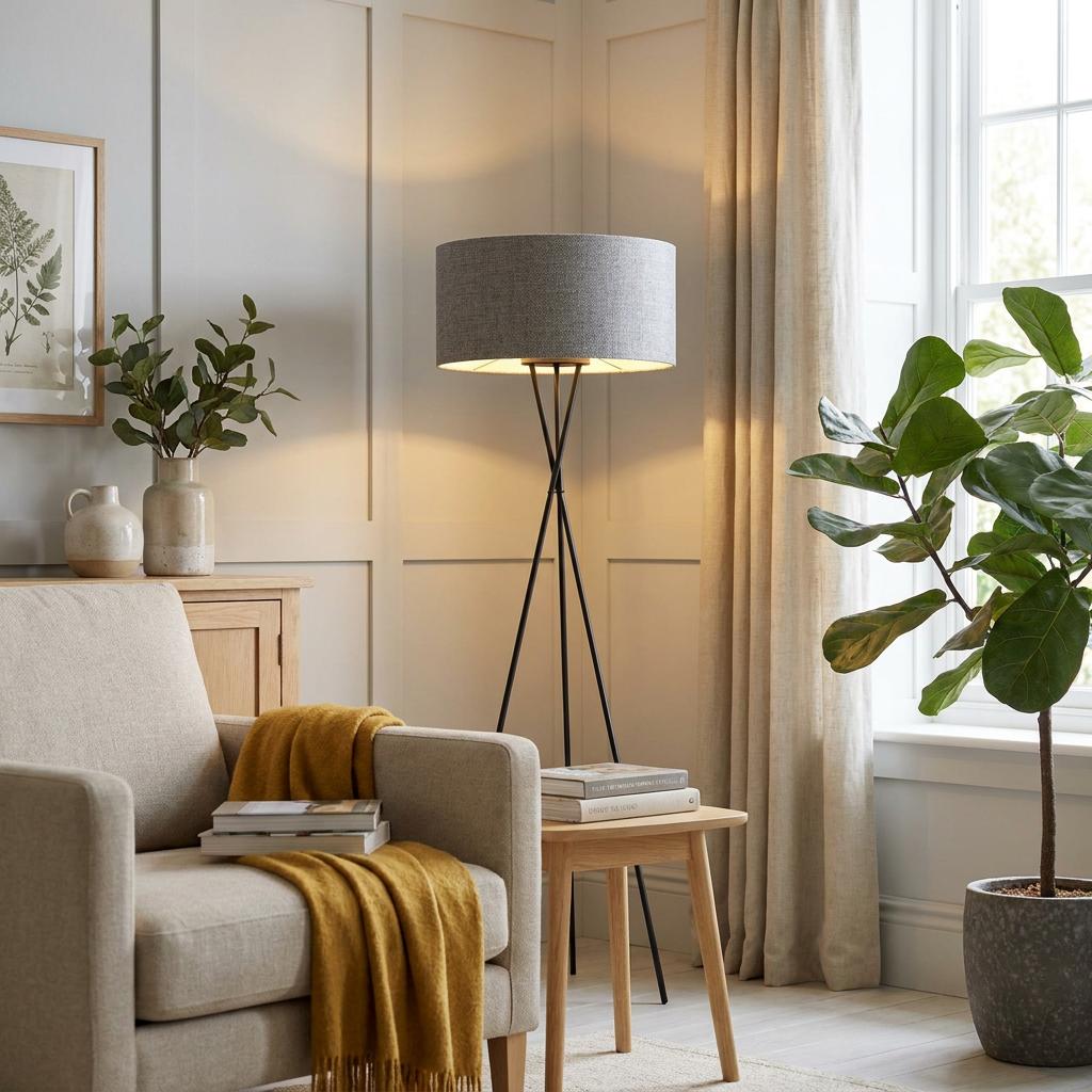 Eglo Fondachelli black tripod floor lamp with a grey linen shade in a cozy, neutral-toned living room setting.