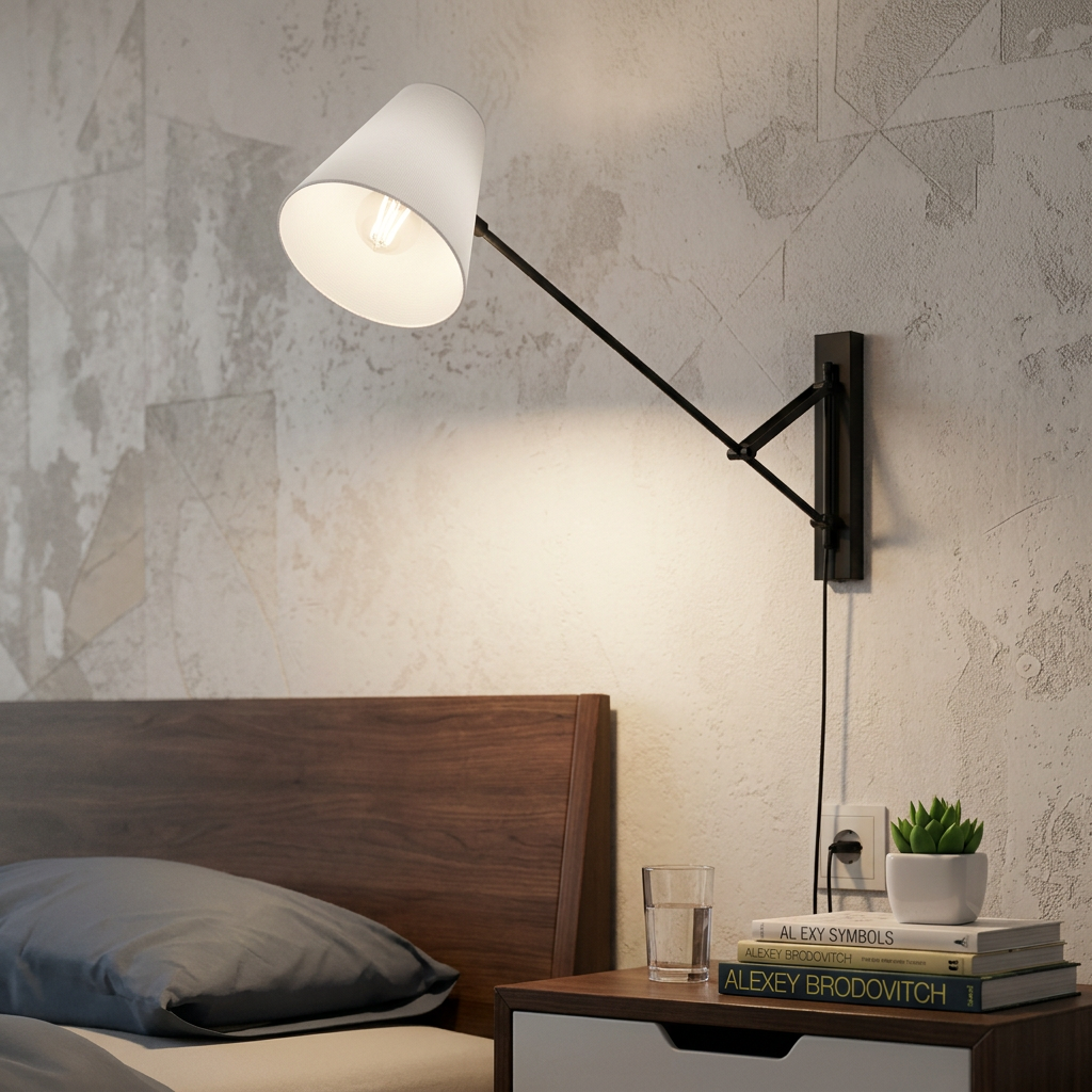 Adjustable black wall lamp with a grey shade mounted above a wooden bedside table in a modern bedroom.