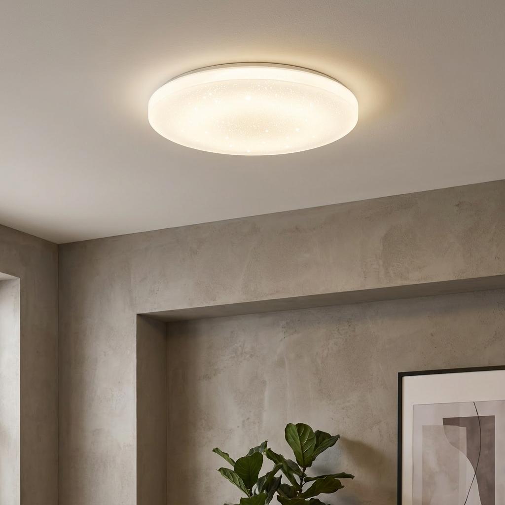 Round white flush LED ceiling light with a starry effect shade, mounted on a plain white ceiling in a modern room.