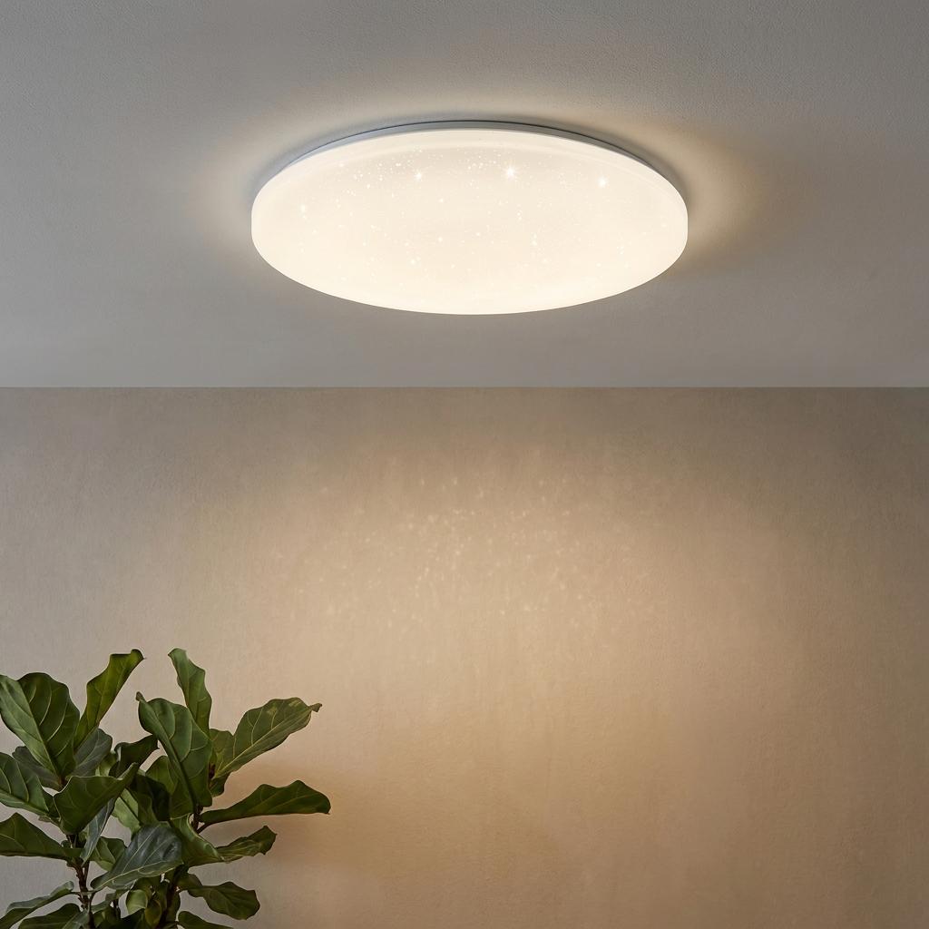 Eglo Frania-S round white LED ceiling flush light with a starry effect, mounted in a room with a green plant.