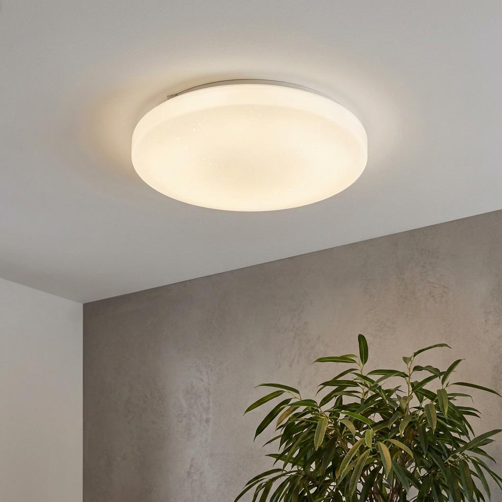 Round white LED flush ceiling light with a subtle glitter effect illuminating a room with a potted plant.