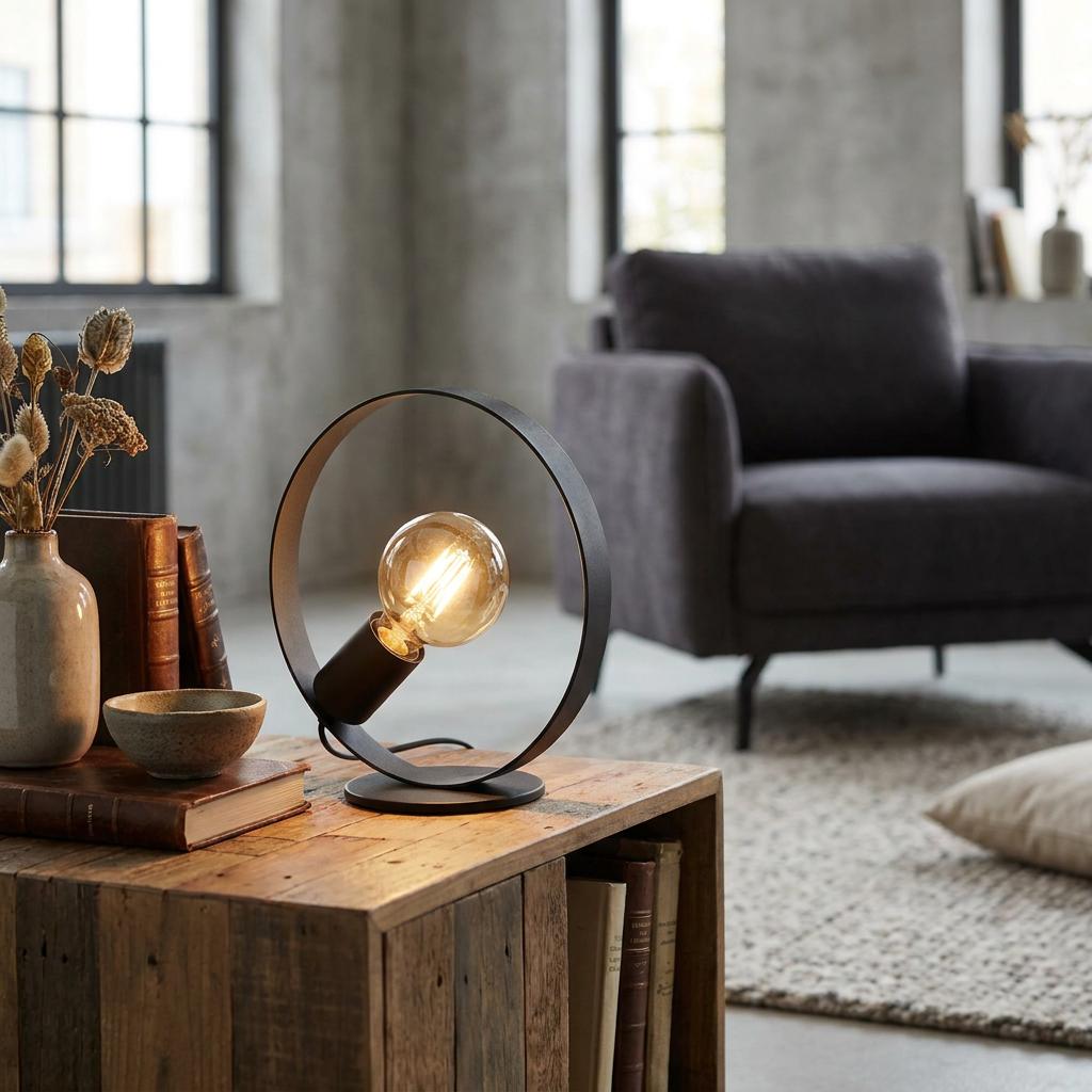 A black metal ring table lamp with a glowing Edison bulb on a rustic wooden side table in a modern living room.