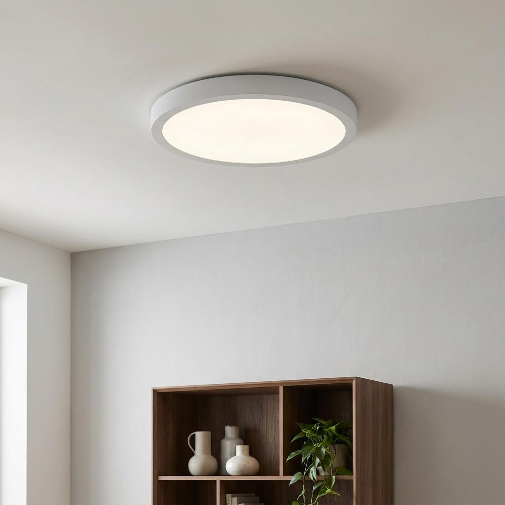 A circular white flush-mount LED ceiling light with a warm glow, mounted above a wooden bookshelf.