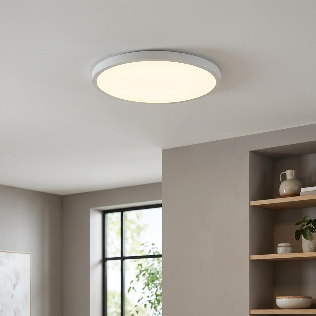 Circular white LED flush ceiling light glowing in a modern living room with minimalist decor.