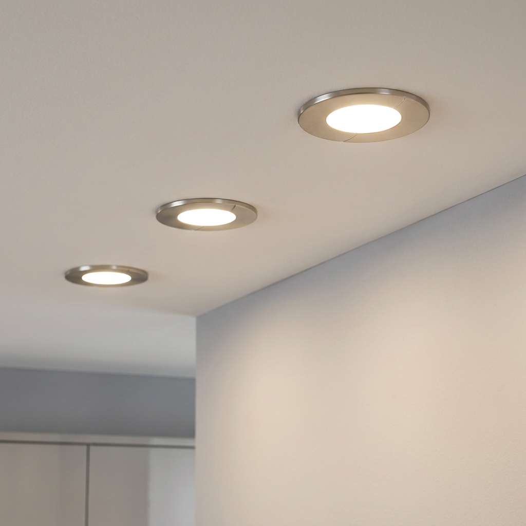 Three Eglo Fueva 1 nickel recessed downlights glowing in a line on a white ceiling.