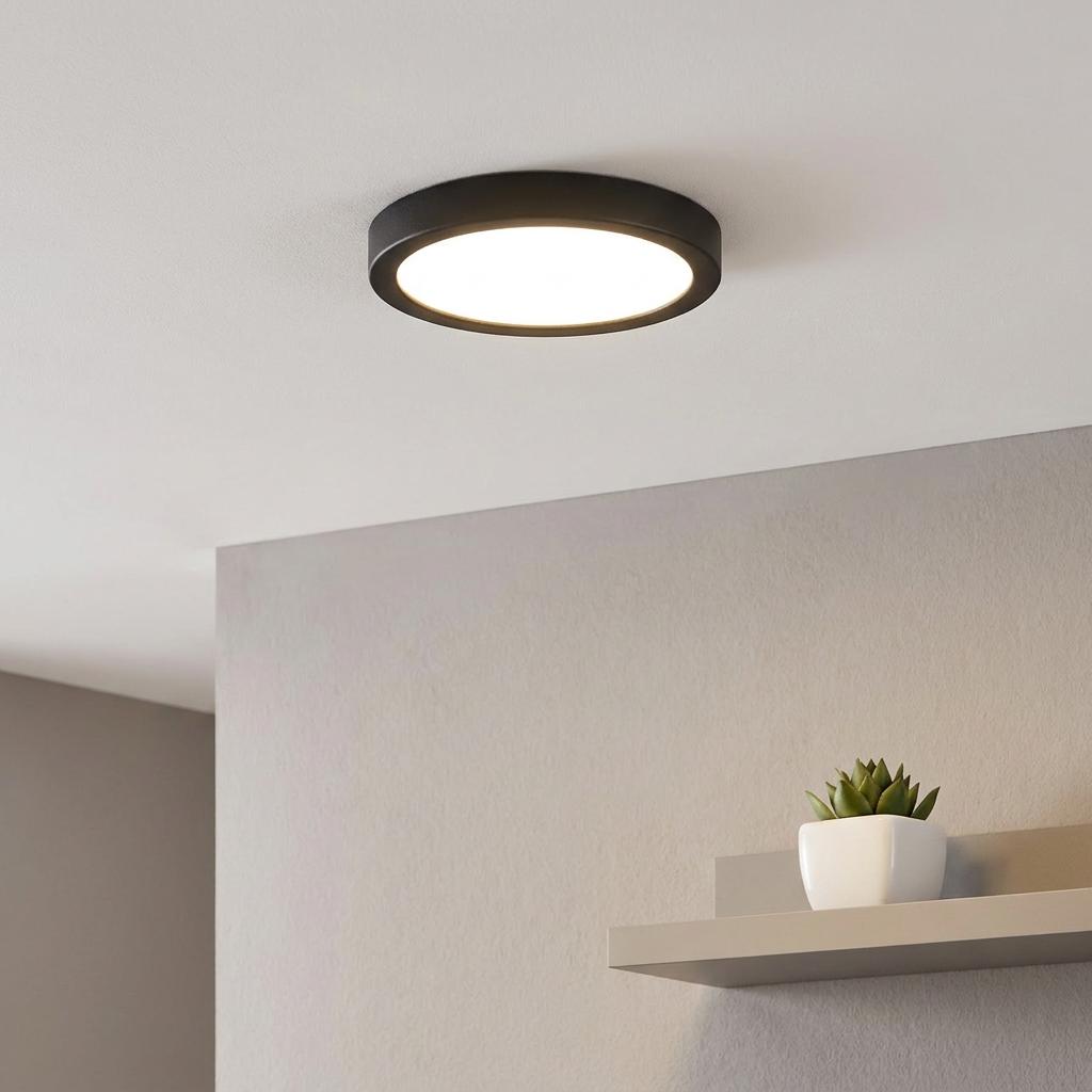 Round black LED flush ceiling light illuminating a minimalist room with a small succulent plant on a shelf.