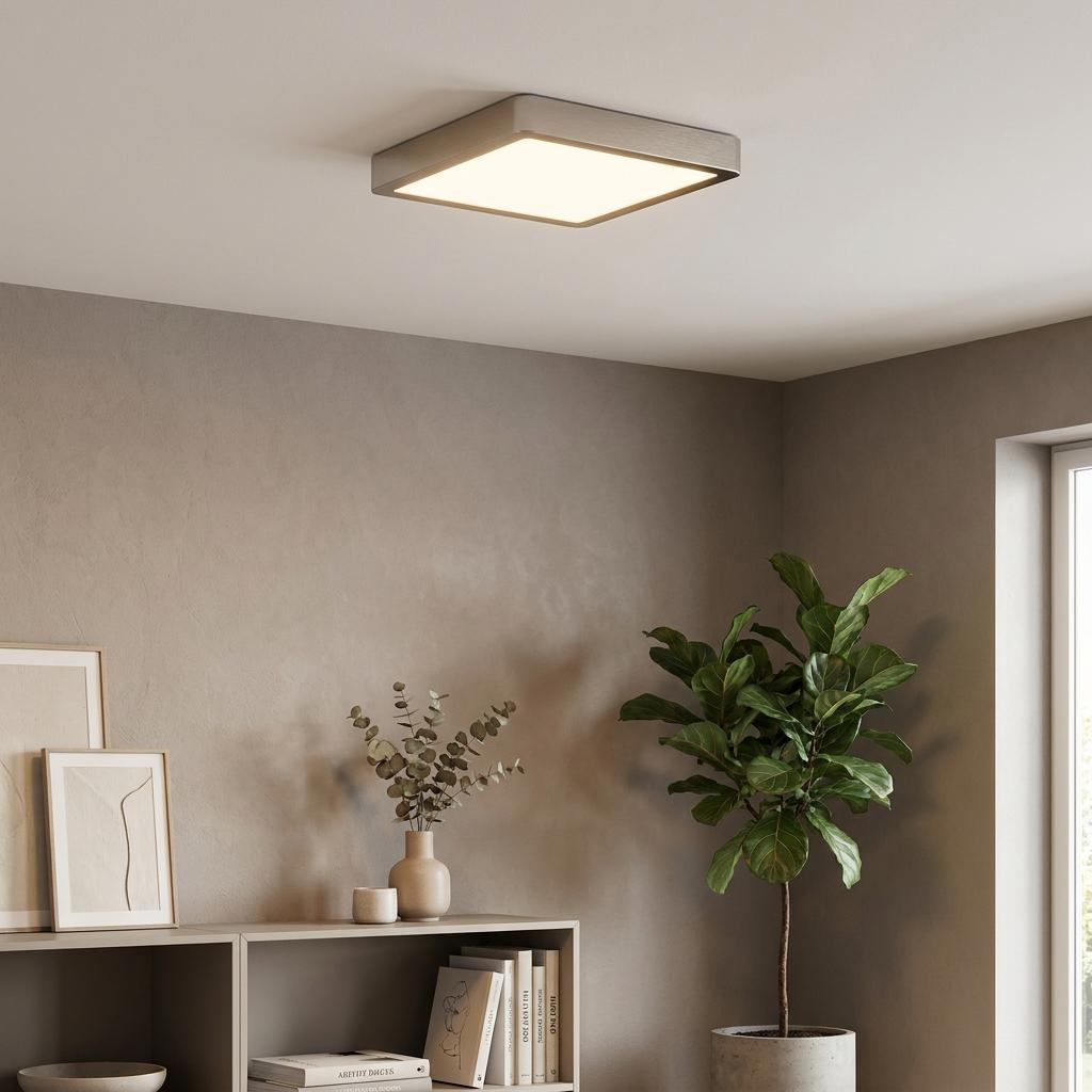 Square nickel flush ceiling light illuminated on a white ceiling in a modern living room with a shelf and plant.
