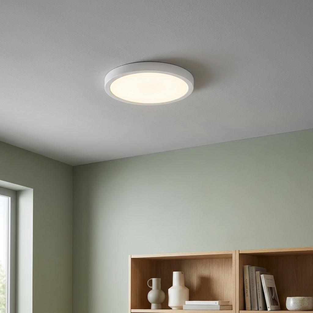 Round white flush LED ceiling light illuminated on a plain ceiling in a modern room setting.