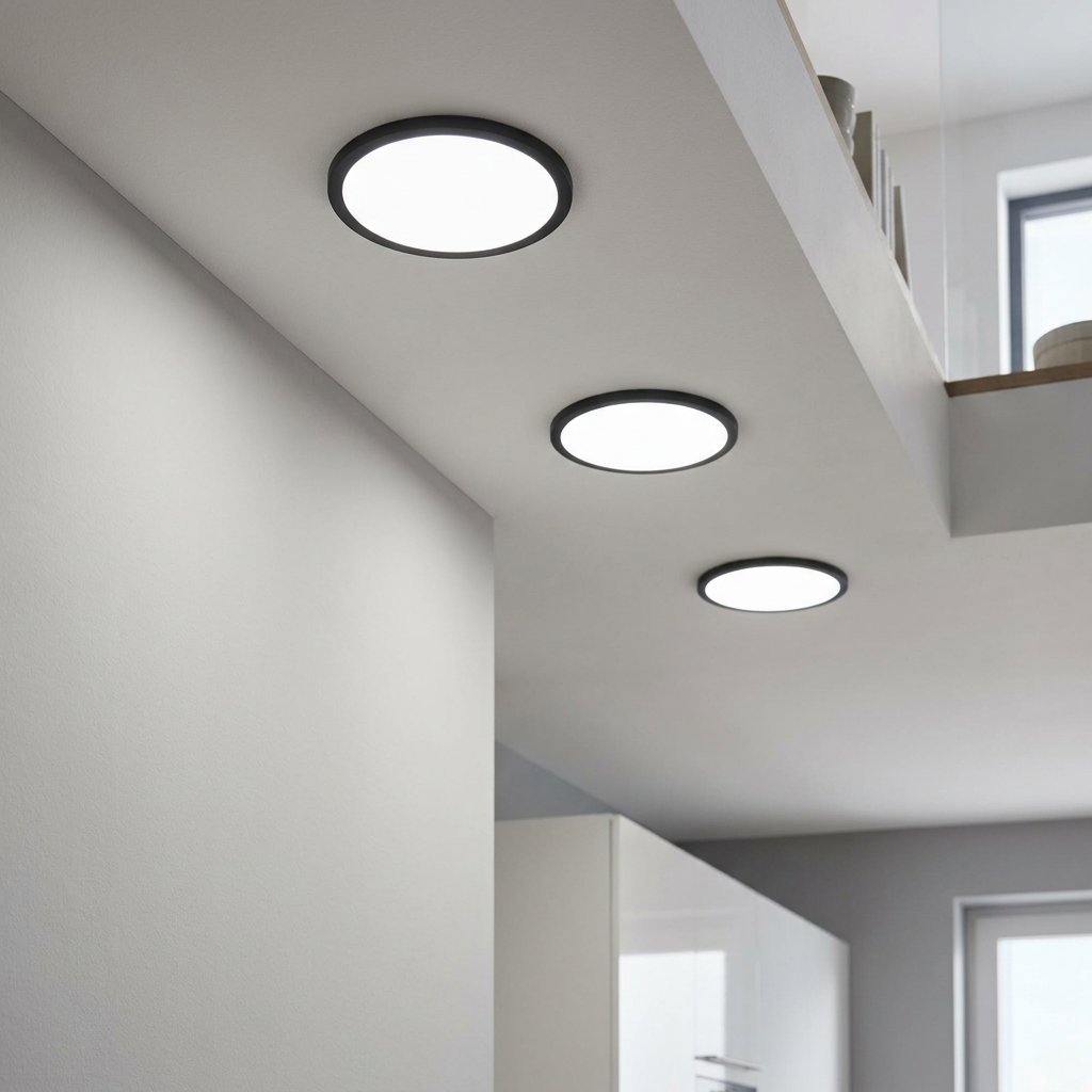 Three round black recessed LED ceiling lights illuminating a modern white hallway with a cool white glow.