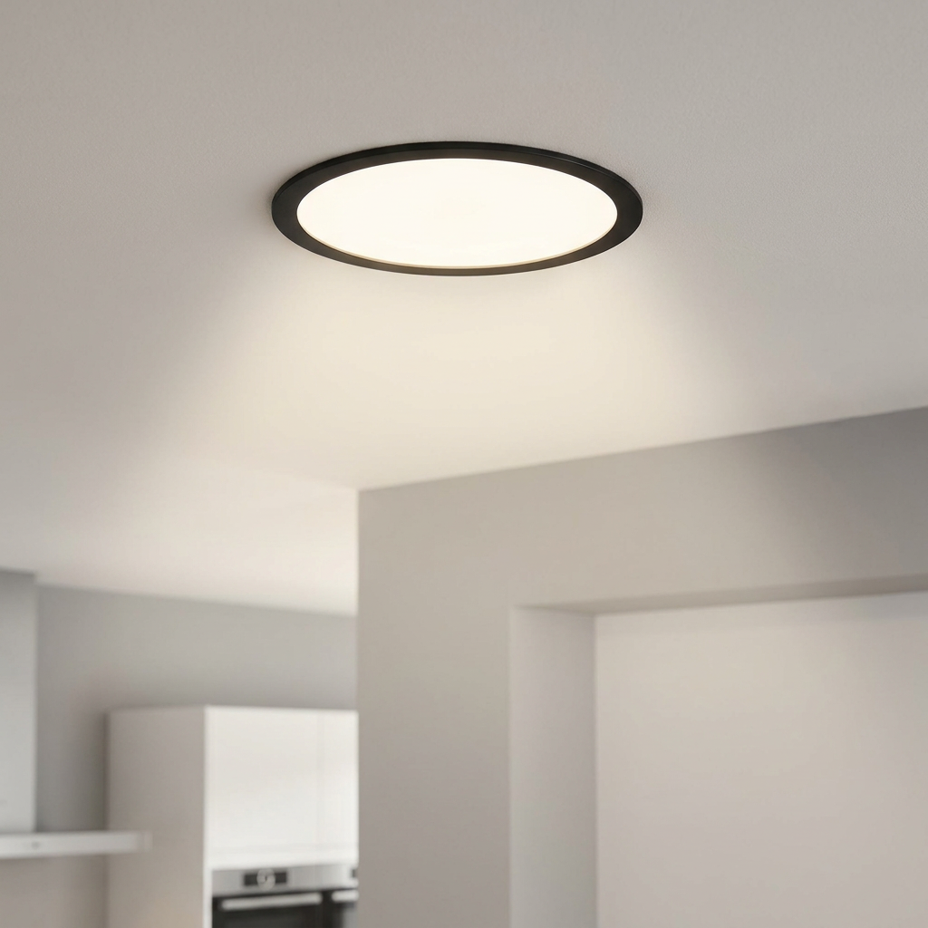 Round black Eglo Fueva Flex LED recessed ceiling light emitting a warm white glow from a white ceiling.