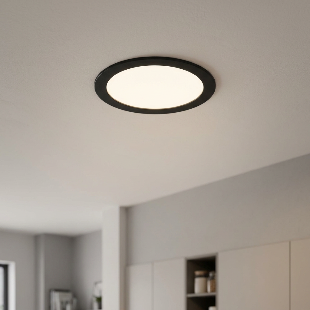 Circular black recessed smart LED ceiling light illuminating a modern kitchen space.