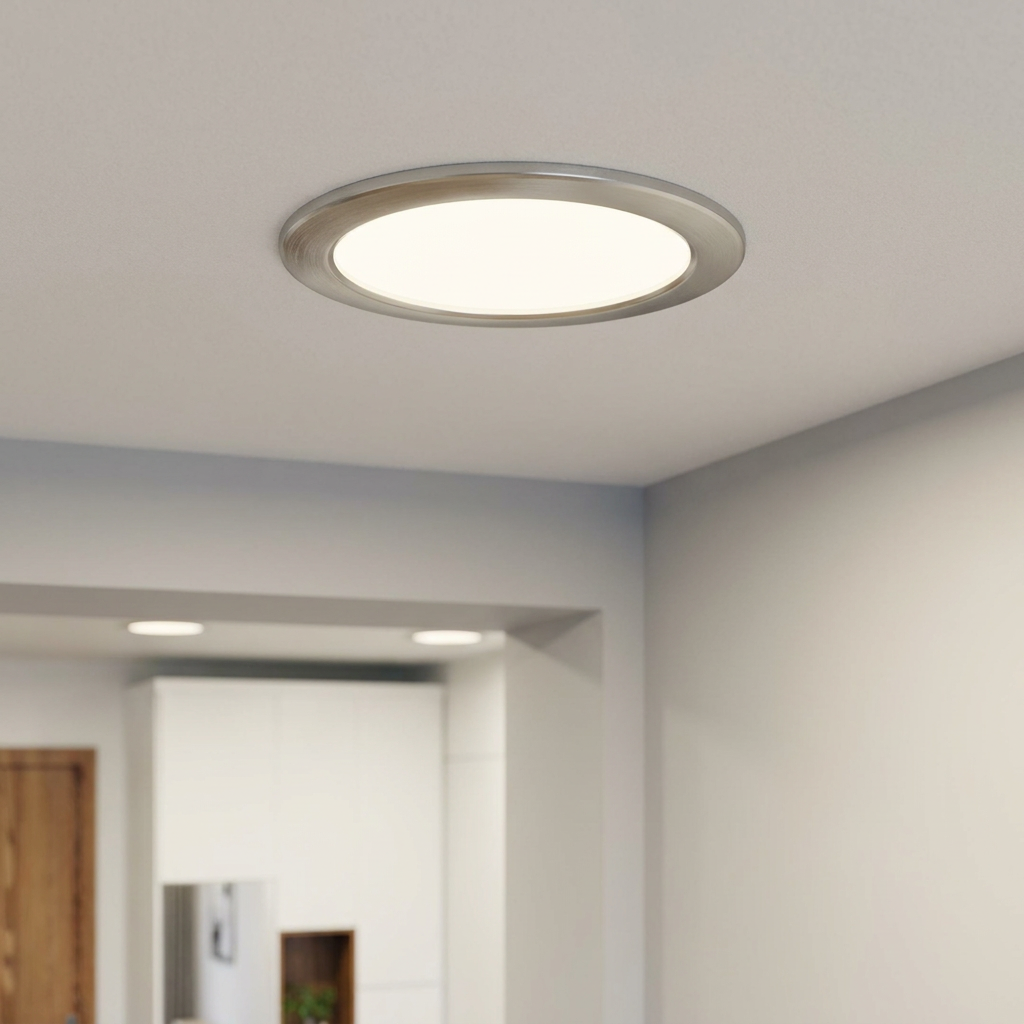 A round, illuminated recessed ceiling light with a brushed nickel finish in a minimalist white room.