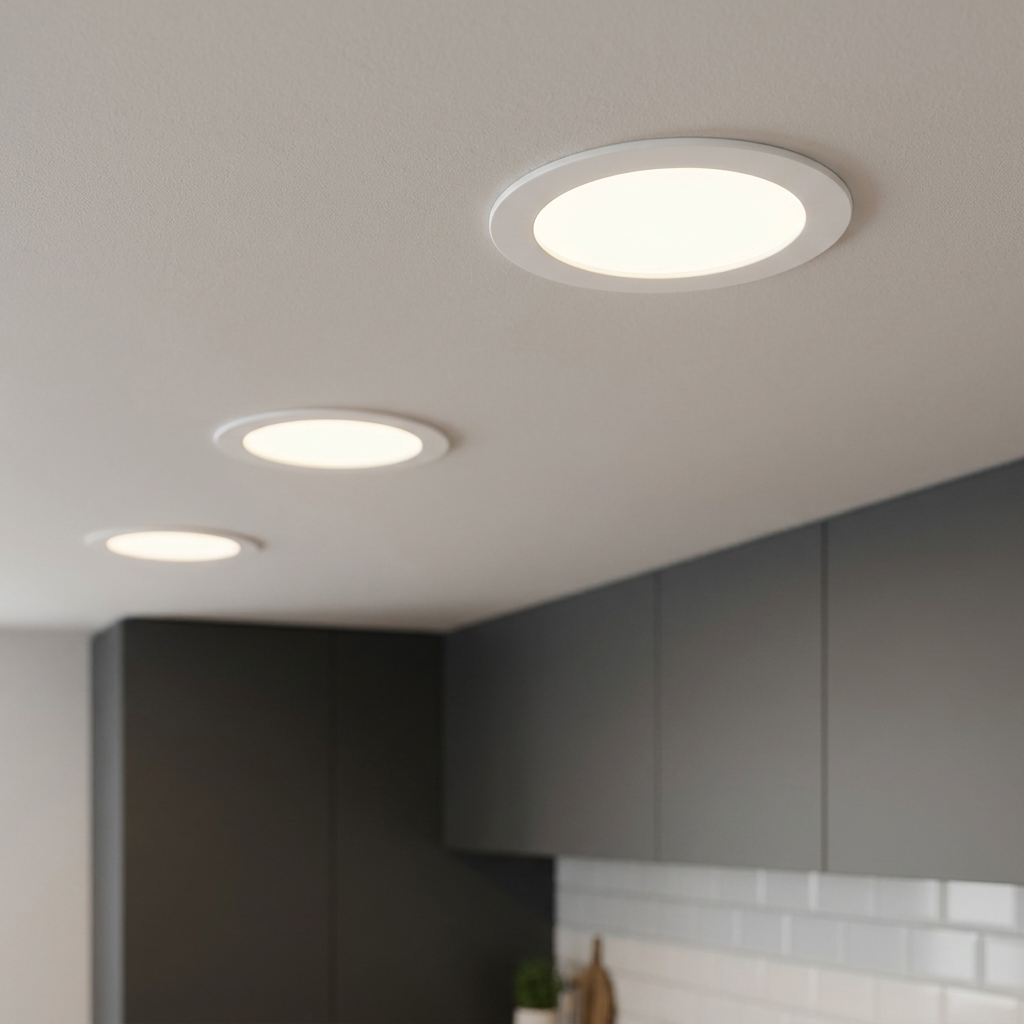 Three round white recessed LED downlights installed in a row on a modern kitchen ceiling.