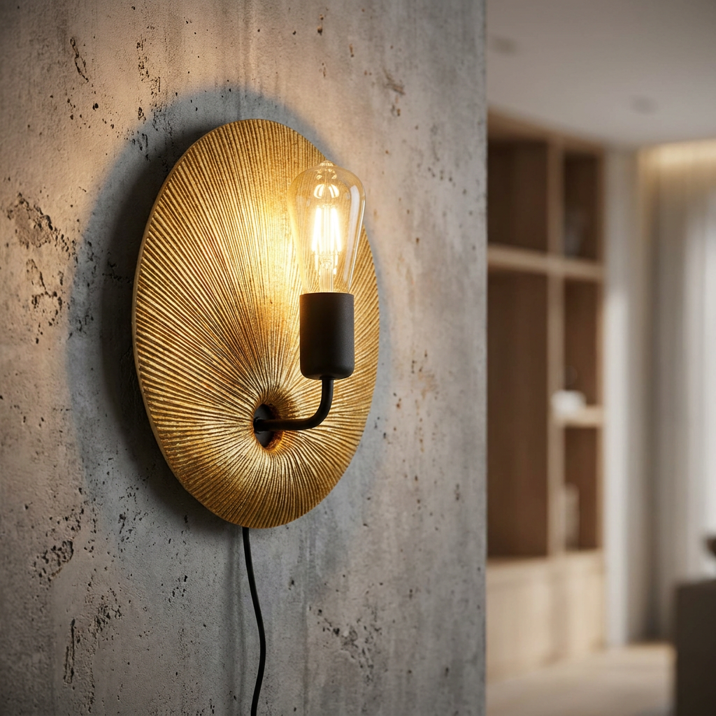Textured gold circular wall light with a black arm and lit Edison bulb mounted on a concrete wall.