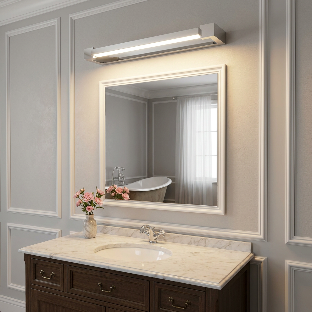 A sleek chrome LED wall light mounted above a framed bathroom mirror over a marble-topped vanity.