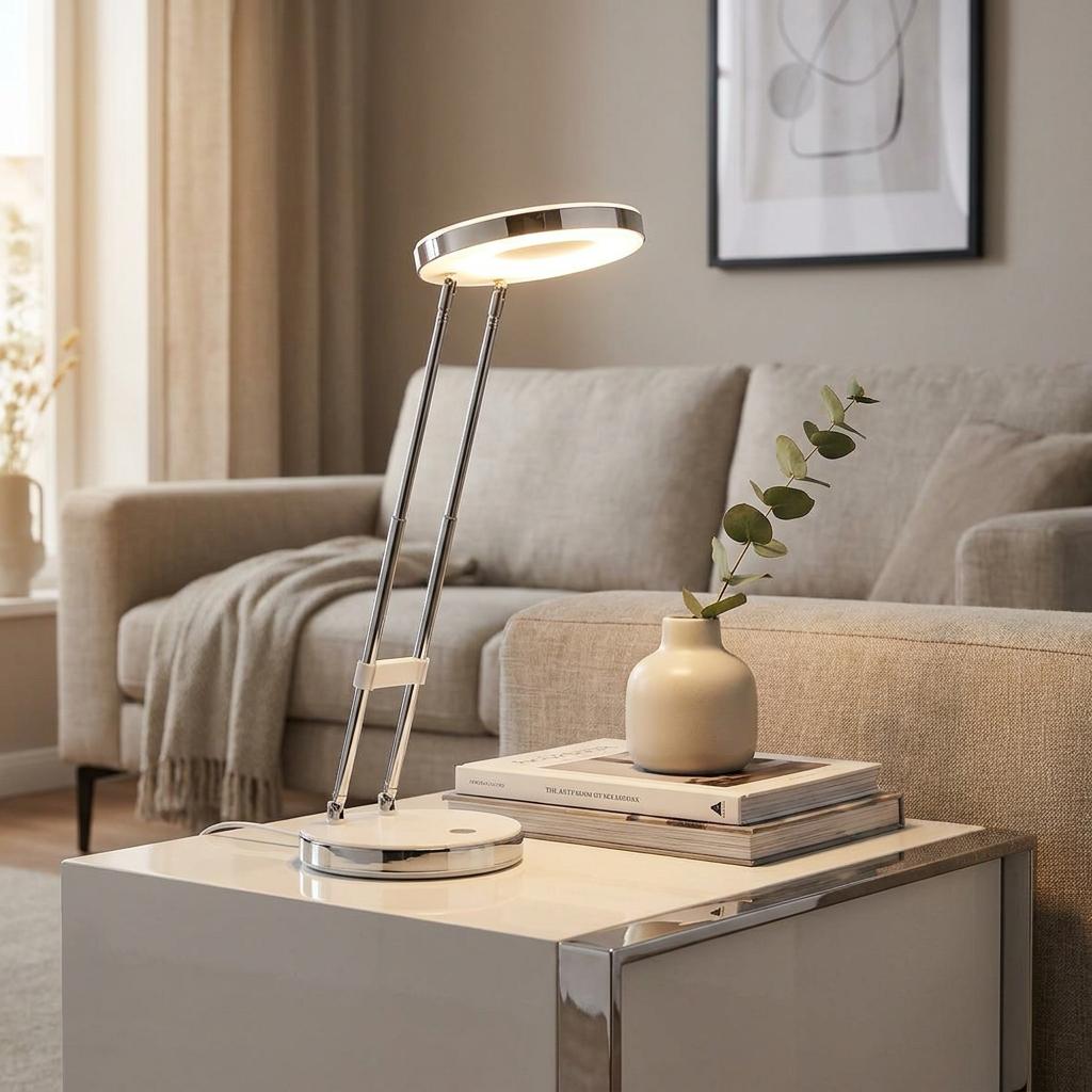 Chrome and white LED table lamp with a circular head, lit on a side table in a neutral living room.