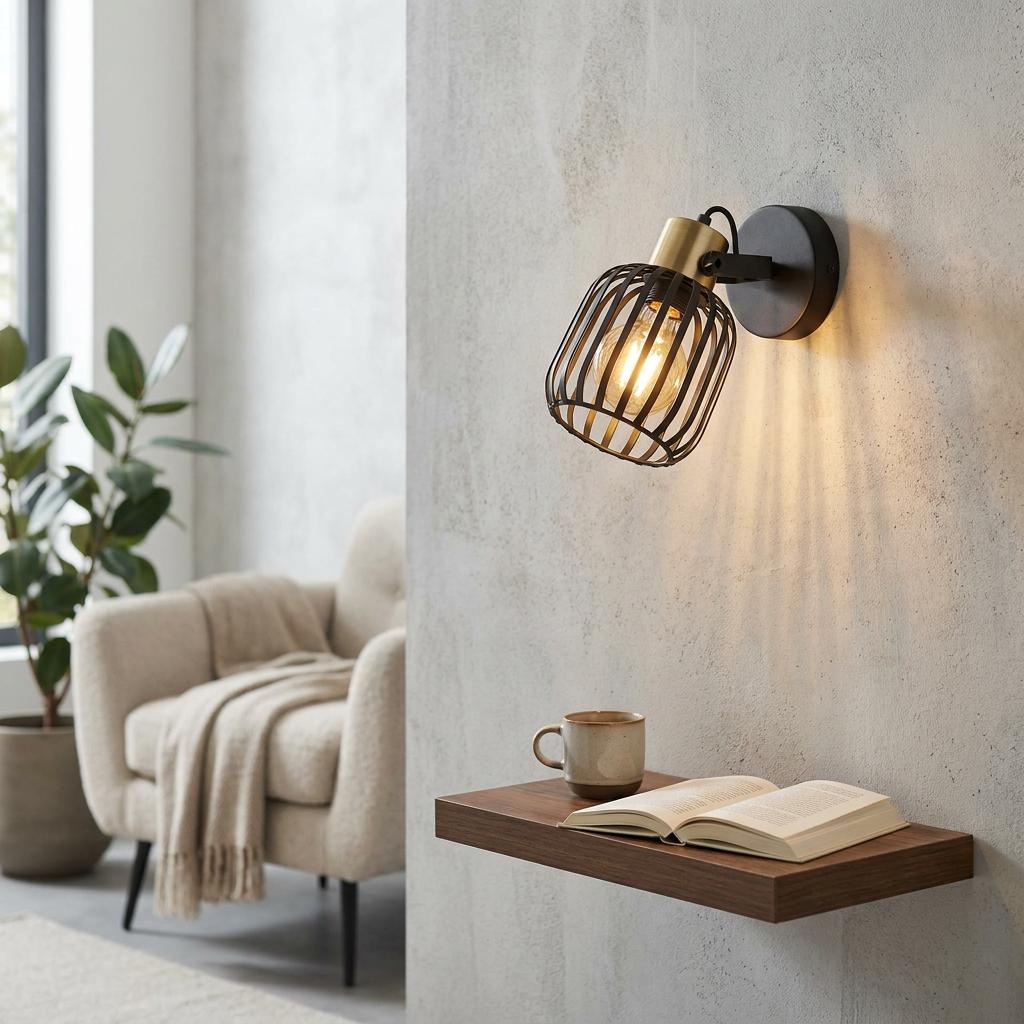 Eglo Girona black cage and brass wall spotlight illuminated above a floating wooden shelf in a modern interior.