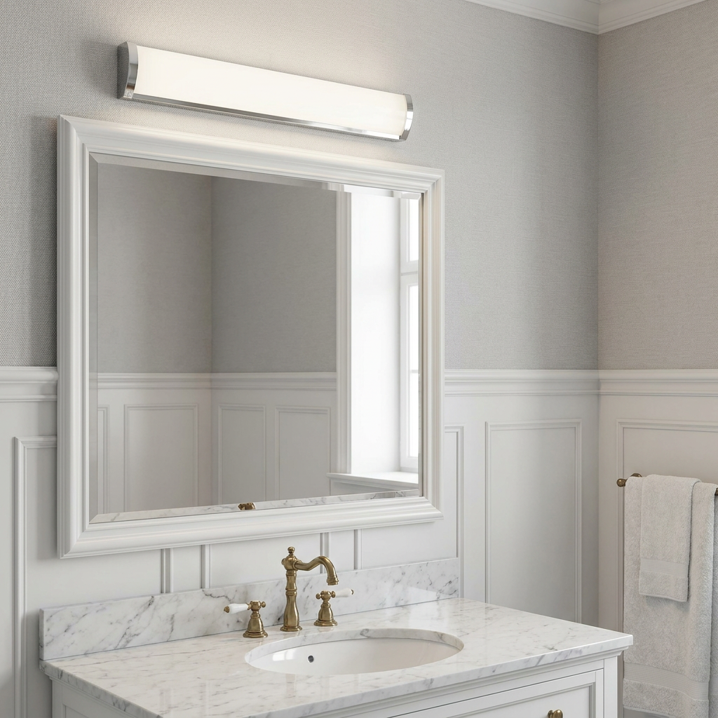 Horizontal chrome LED wall light mounted above a white framed mirror in a bathroom with marble counters.