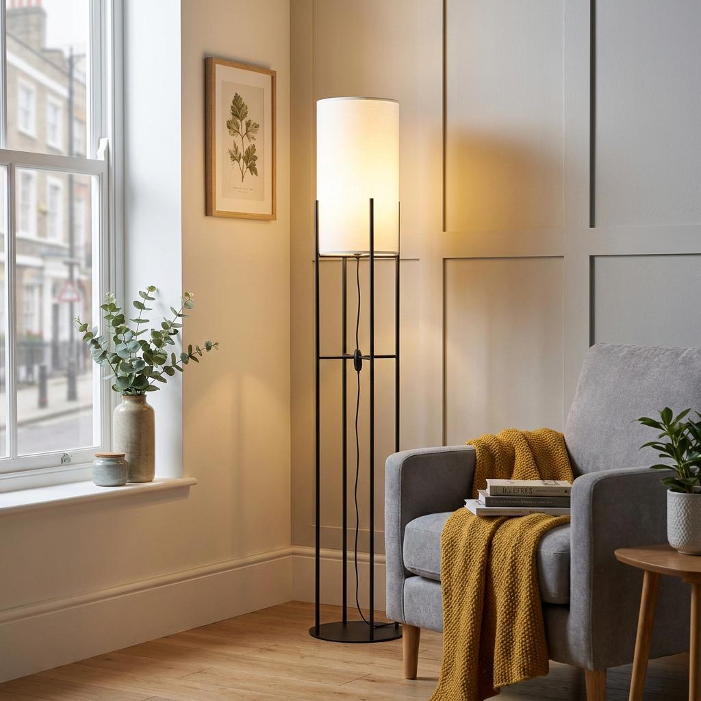 Lit black metal floor lamp with a white fabric shade in a living room corner next to a grey armchair.