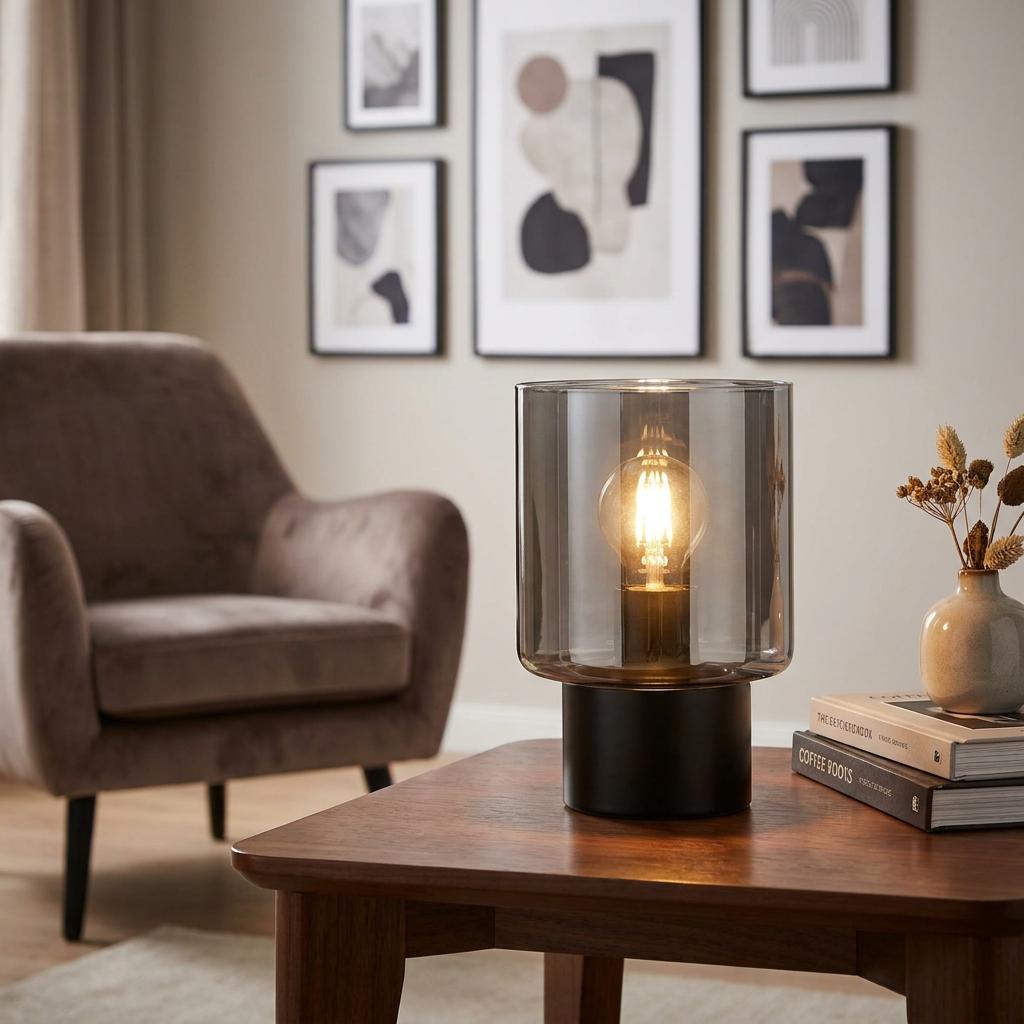 Smoked black glass cylinder table lamp glowing on a wooden coffee table in a modern living room setting.