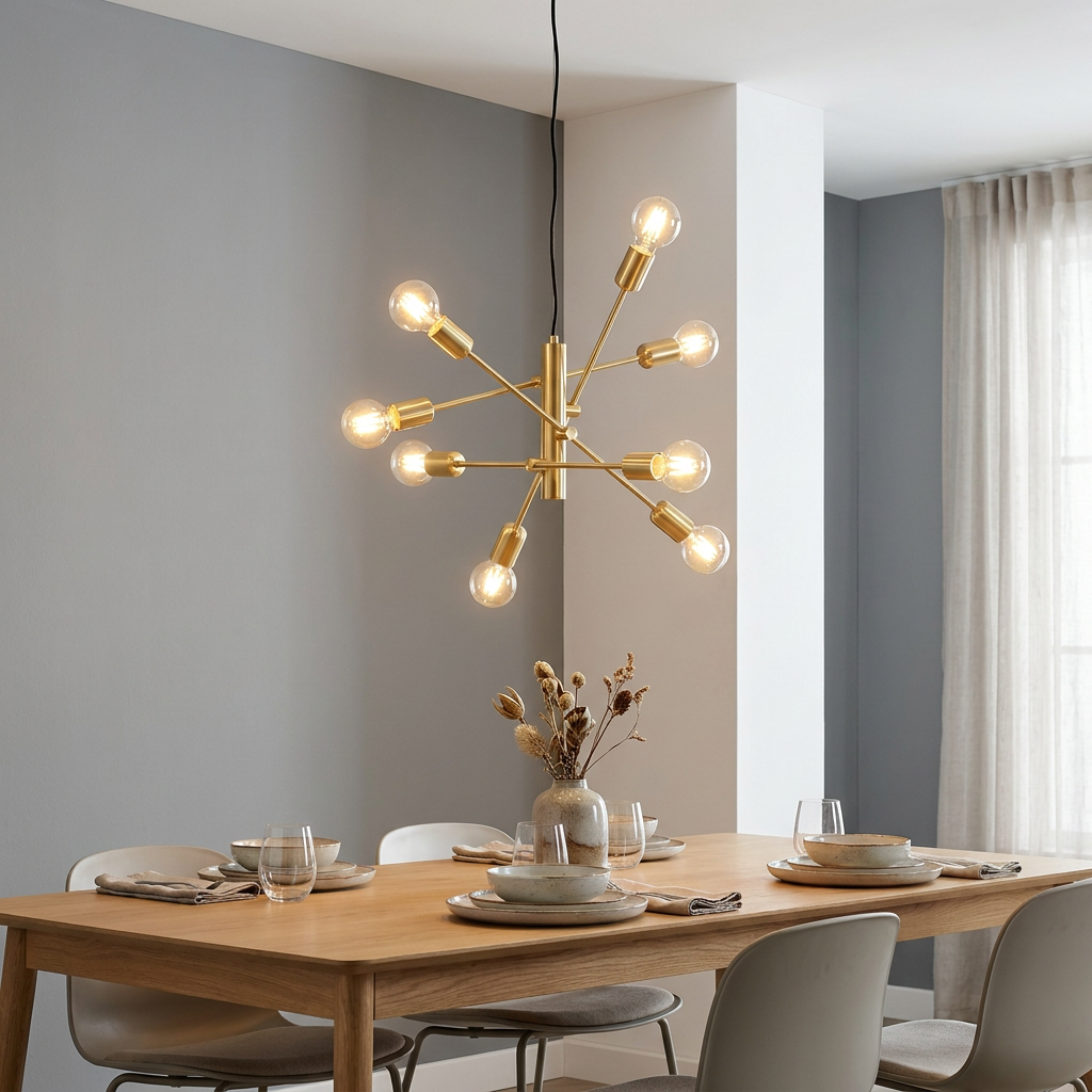 Eglo Gradoli brass 8-light sputnik pendant hanging over a set wooden dining table in a minimalist dining room.