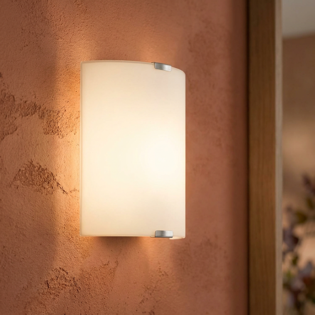 Eglo Grafik curved satin glass wall light emitting a warm glow on a textured terracotta wall.