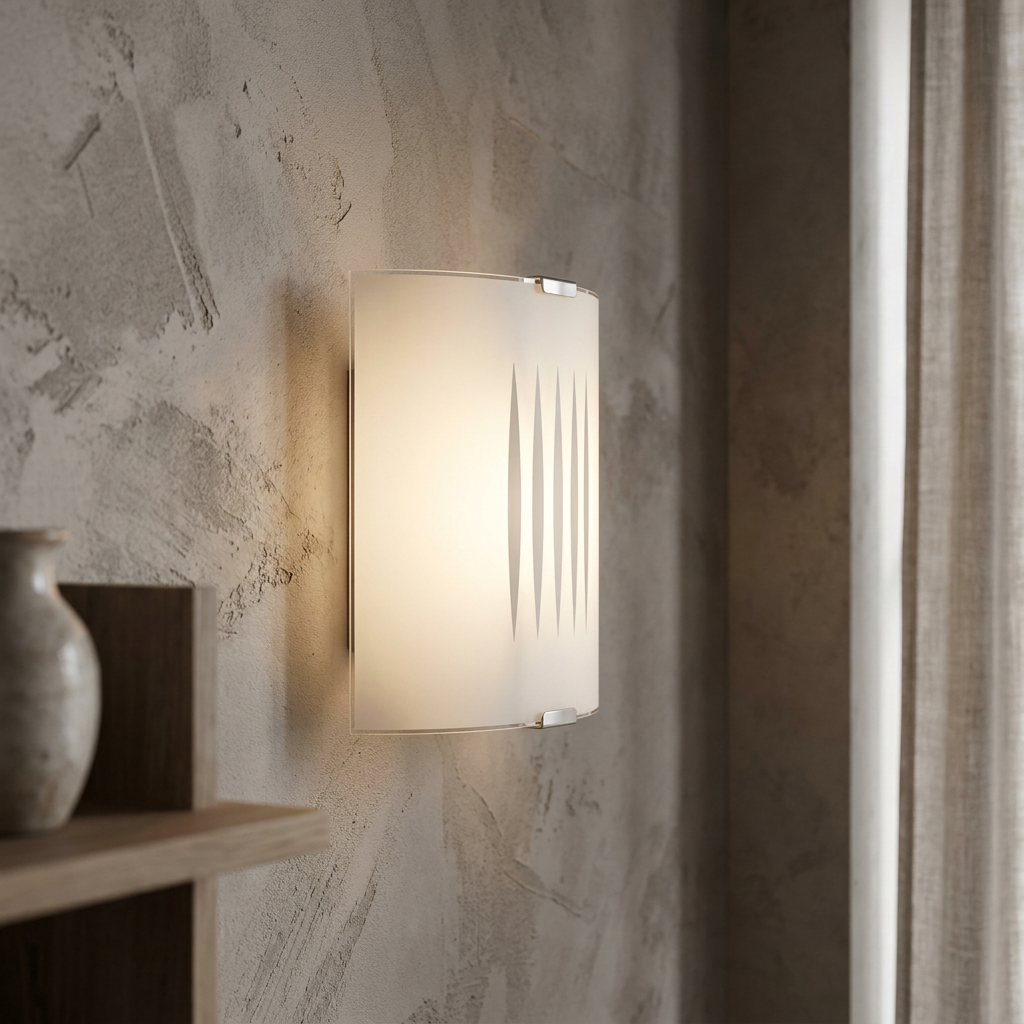 Illuminated Eglo Grafik wall light with curved white glass and vertical patterns on a textured grey wall.