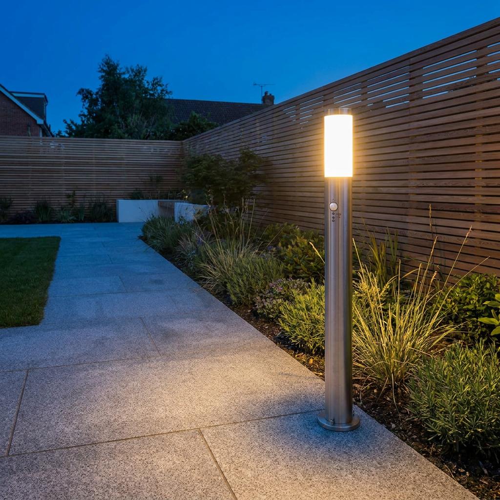 Stainless steel bollard light with PIR sensor illuminating a paved patio and garden at twilight.