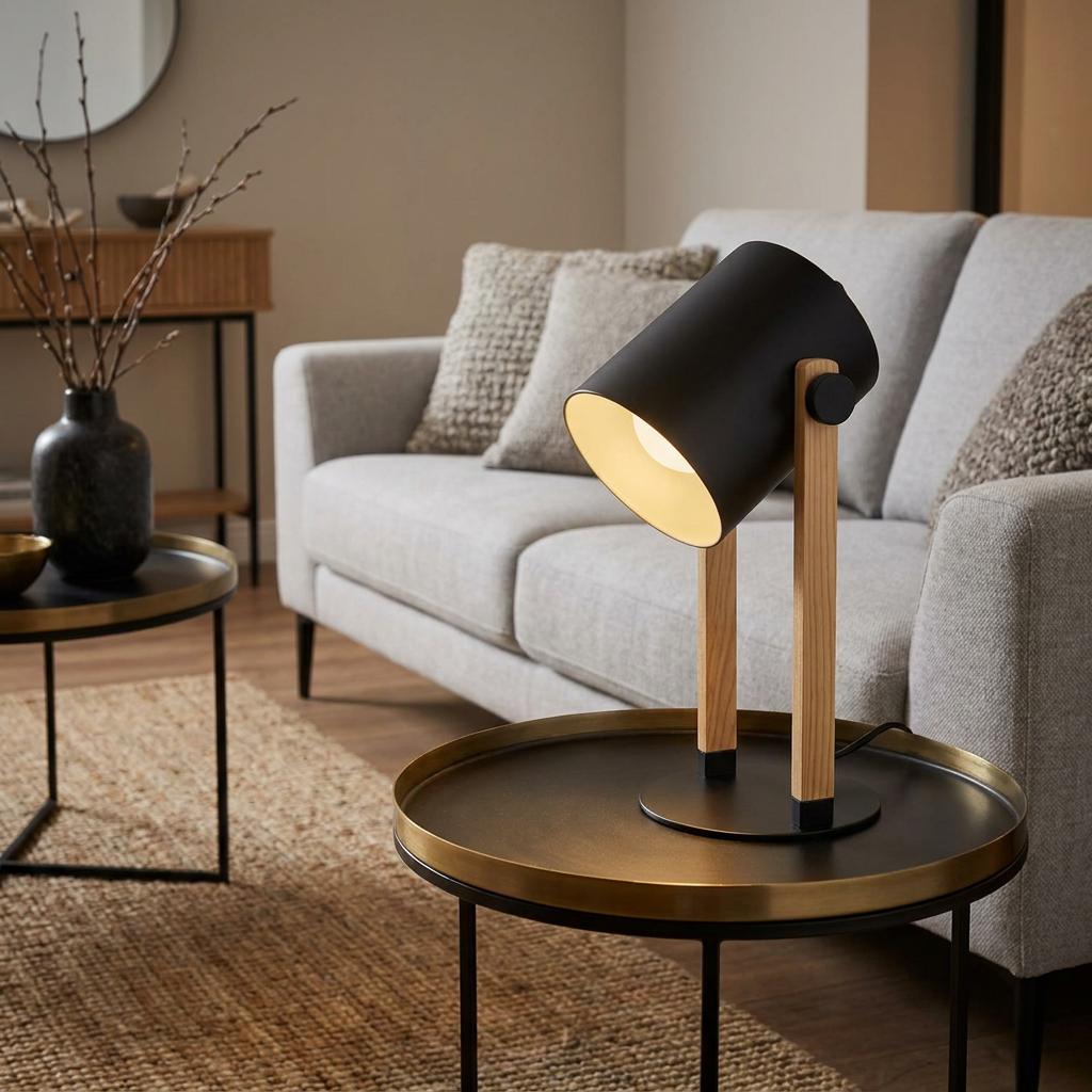 Eglo Hornwood table lamp with a black metal shade and wood frame on a side table in a modern living room.