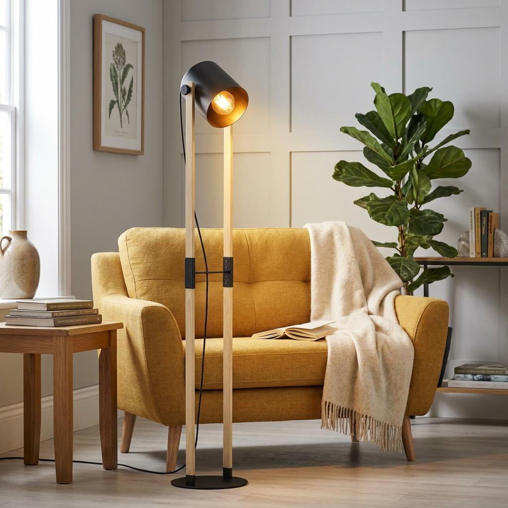 Eglo Hornwood black and wooden floor lamp illuminating a yellow sofa in a cozy, modern living room setting.
