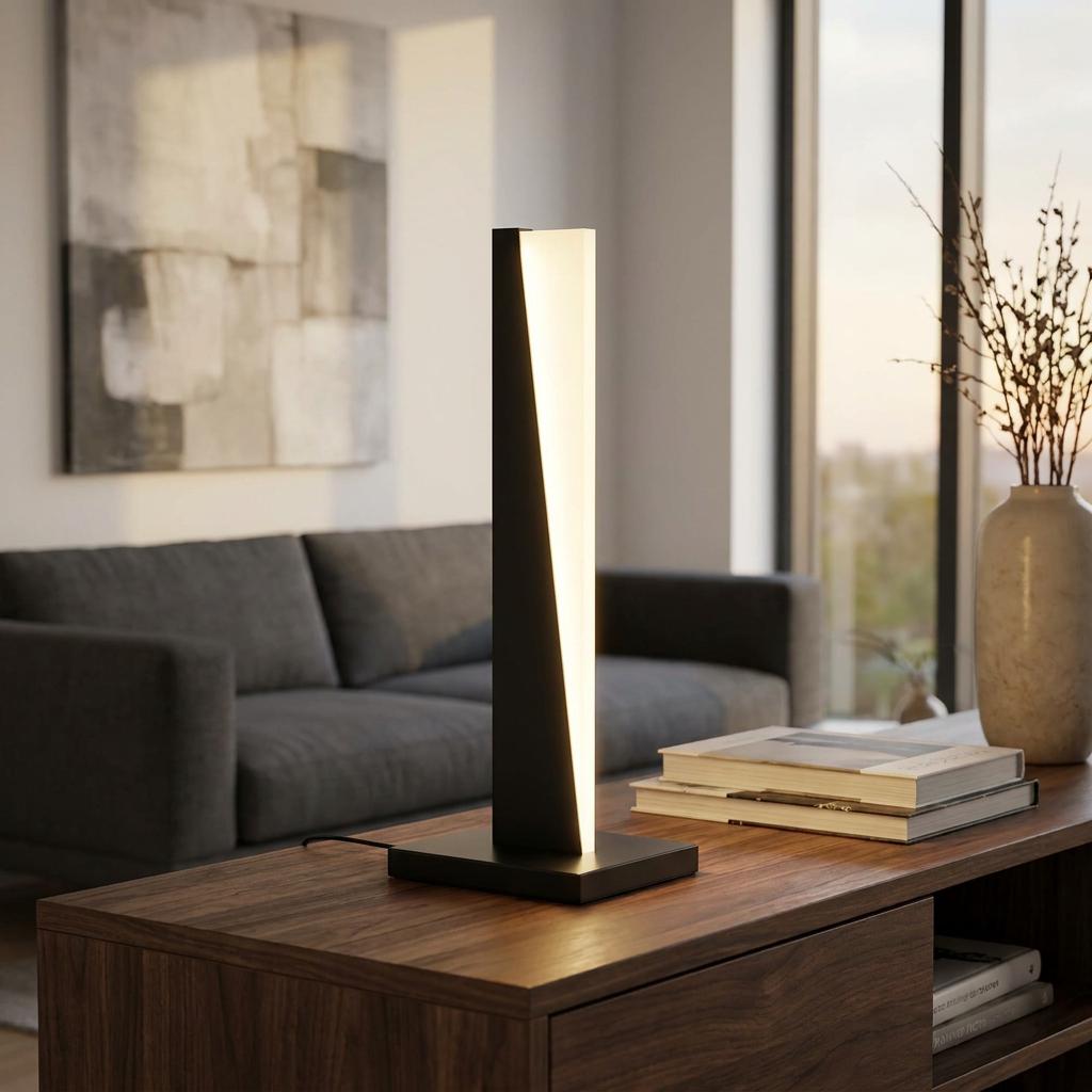 Sleek black and white LED table lamp with a geometric design illuminated on a wooden sideboard.