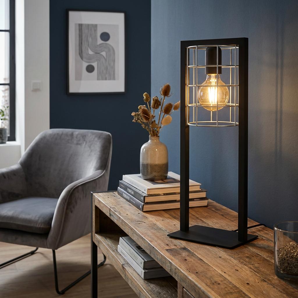 Modern black table lamp with a zinc cage shade and lit filament bulb on a wooden console table.