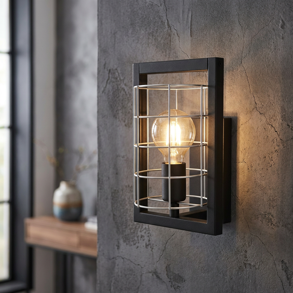 Industrial black and zinc wire cage wall light with a glowing filament bulb on a textured concrete wall.