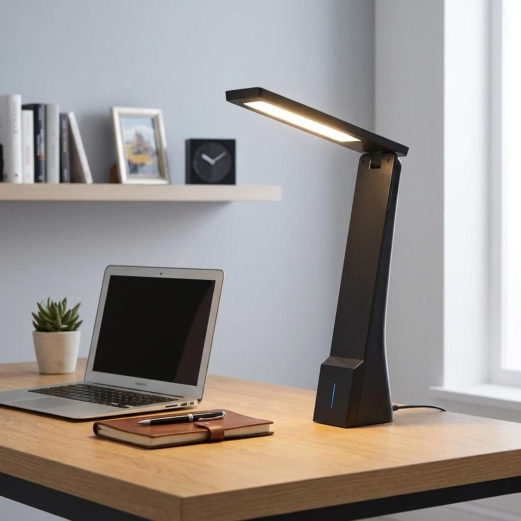A modern black LED desk lamp illuminating a wooden desk with a laptop and notebook in a home office setting.