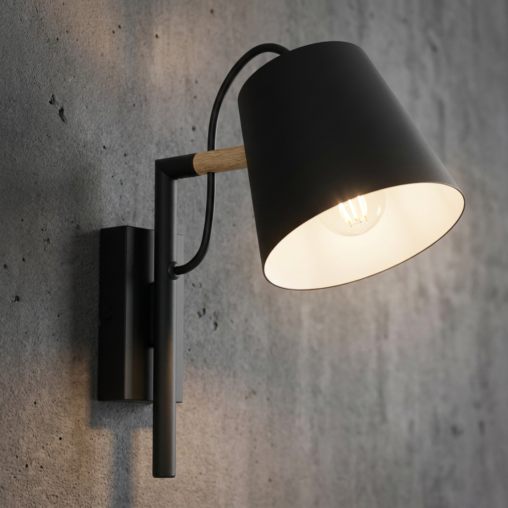 Modern matte black wall light with a wood accent detail mounted on a textured concrete wall.