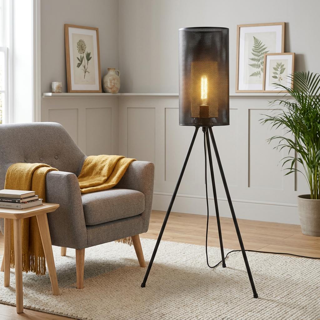 Eglo Ladunara black tripod floor lamp with a perforated shade lit in a living room beside a grey armchair.